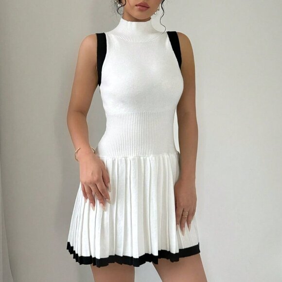 Black and White Elegant Women's Casual Trimmed Collar Sleeveless Sweater Dress - Picture 5 of 6